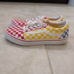 VANS Old Skool Red / Yellow / Blue / White Checker Print Shoes - Size Youth 5.5